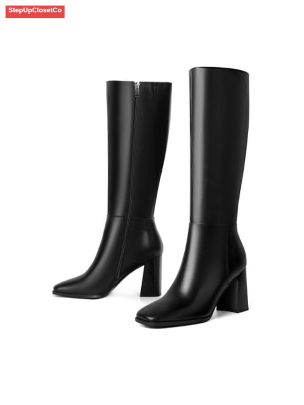 Women's Knee High Boots Square Toe PU Leather Chunky Block Heel Side Zipper